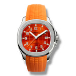 Montre Seiko automatique avec cadran orange vif à motif quadrillé et index blancs luminescents. Boîtier en acier inoxydable, fonction date à 3 heures, et bracelet en caoutchouc orange texturé. Un style audacieux et énergique pour les amateurs de montres modernes.