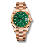 Montre Seiko RoseGold en acier doré rose – Cadran vert profond avec motif tropical, lunette cannelée et mouvement automatique haute précision bracelet Oyster en acier doré rose pour une élégance luxueuse et raffinée