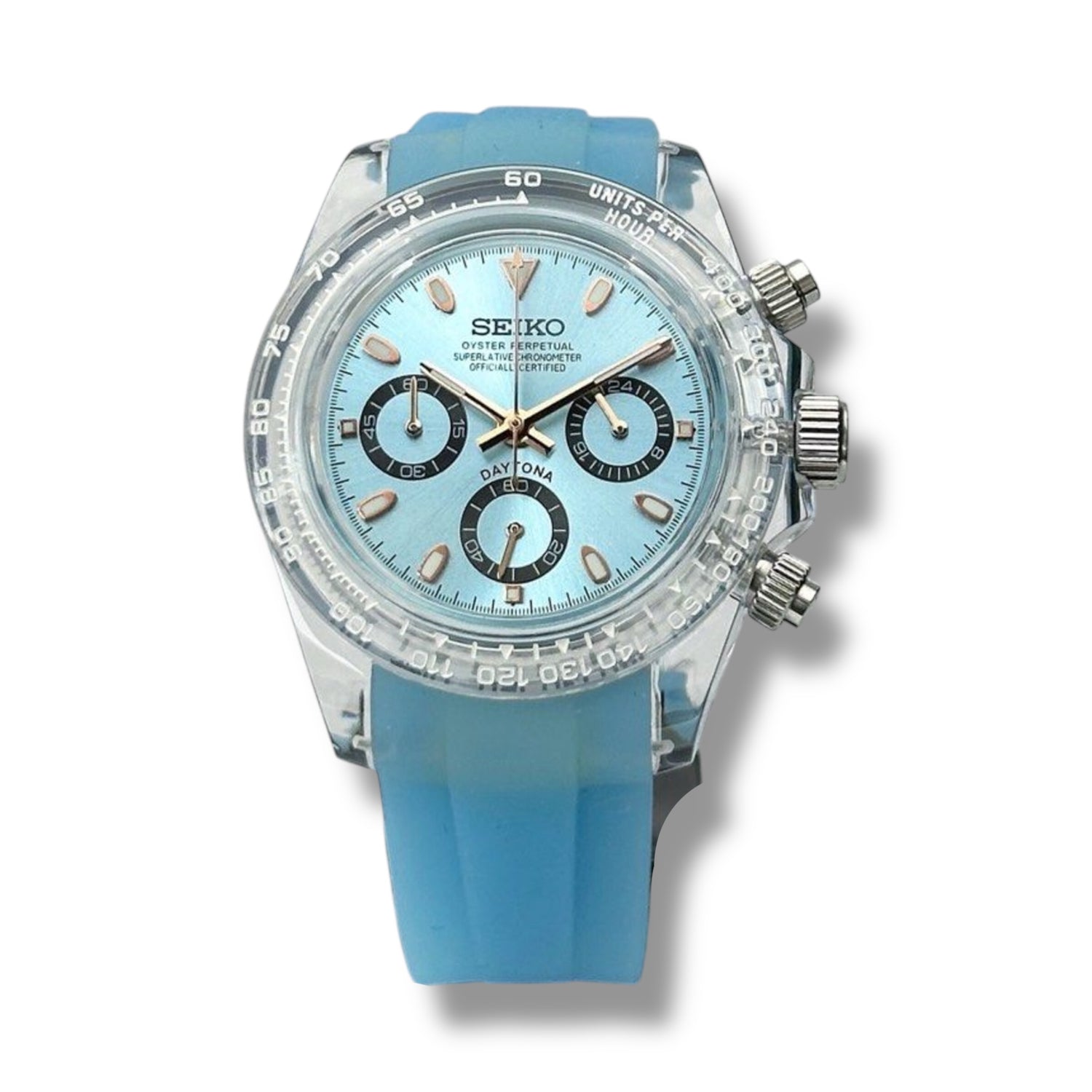 Montre Seiko SKLAB - T204R chronographe en acier inoxydable – Cadran bleu ciel avec compteurs noirs, lunette tachymétrique et bracelet en caoutchouc bleu. Élégance et performance au poignet