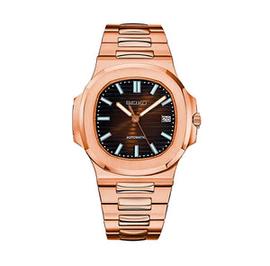 Montre Seiko Nautilus Rose Gold en acier doré rose – Cadran noir texturé, index luminescents et mouvement automatique haute précision. Luxe et raffinement au poignet