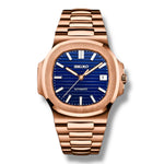 Montre Seiko Nautilus Royal Blue en acier doré rose – Cadran bleu profond texturé, index luminescents, mouvement automatique de précision. Élégance et luxe intemporel