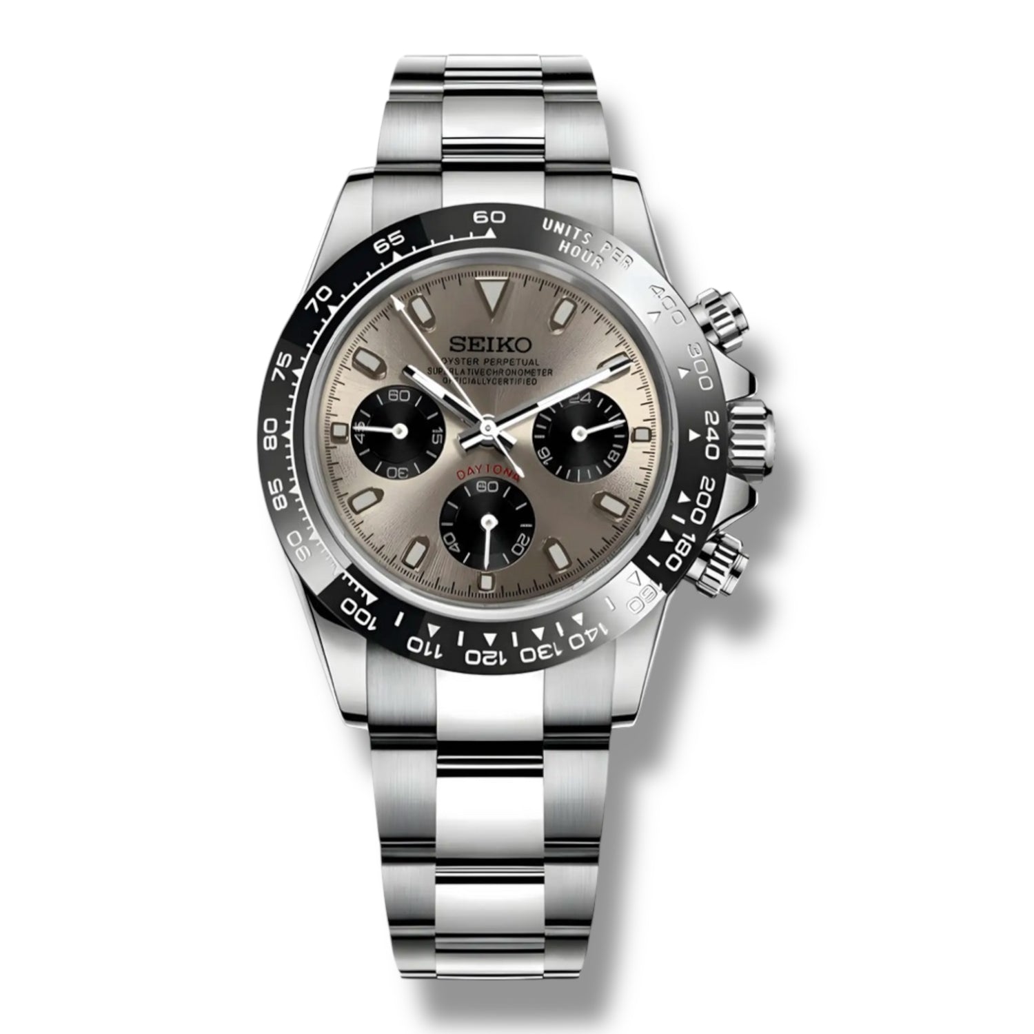 Montre Skona Champagne avec cadran doré champagne, sous-cadrans noirs contrastés et lunette tachymétrique noire. Boîtier et bracelet en acier inoxydable pour une élégance intemporelle.