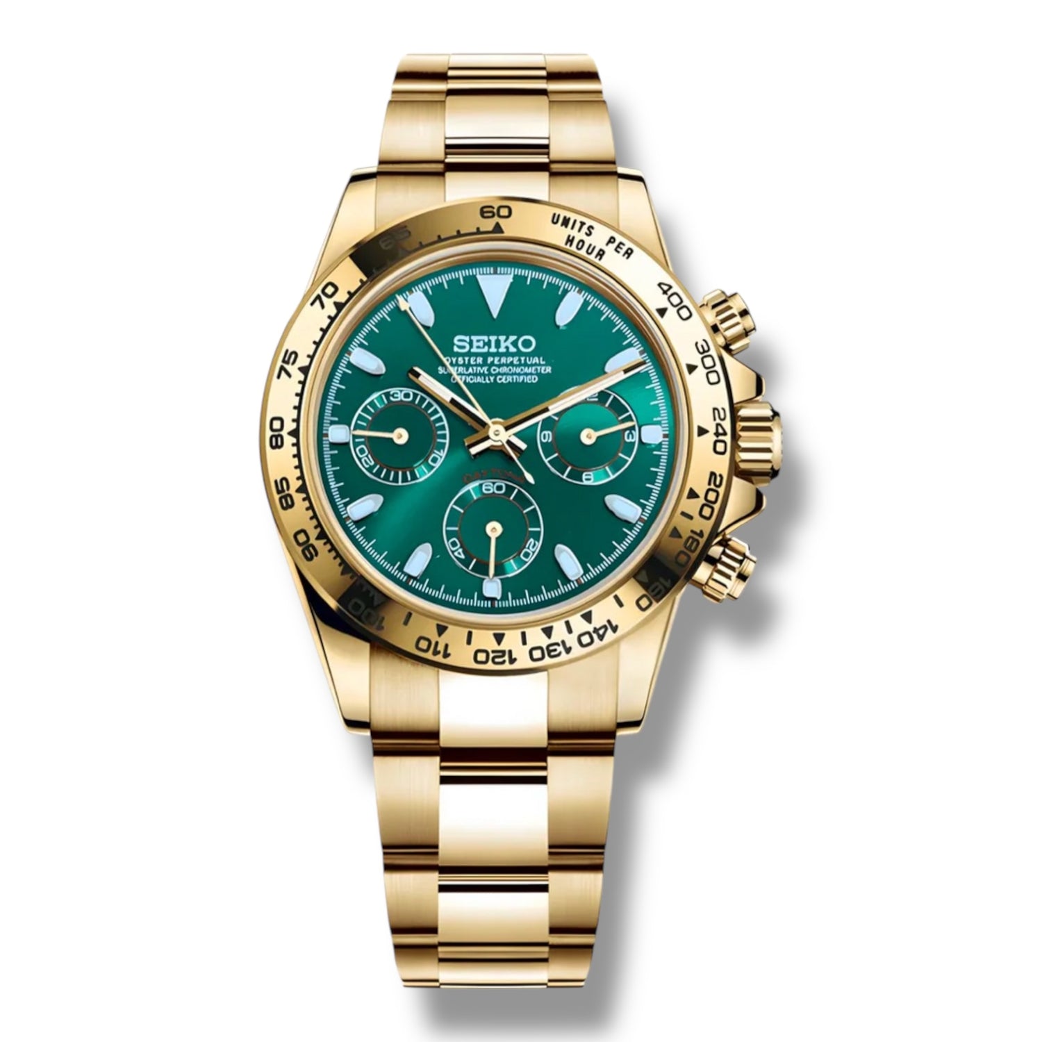 Montre Seiko en édition spéciale avec cadran vert profond et boîtier doré éclatant. Trois sous-cadrans fonctionnels, lunette tachymétrique dorée et bracelet en acier inoxydable plaqué or pour une allure luxueuse et élégante.