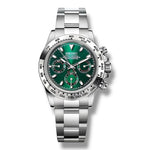 Montre Seiko personnalisée avec cadran vert émeraude brillant, trois sous-cadrans assortis et lunette tachymétrique argentée. Boîtier et bracelet en acier inoxydable poli offrant une allure sophistiquée et sportive