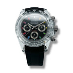 Montre Seiko SKLAB - T205R chronographe en acier inoxydable – Cadran noir avec index multicolores, lunette tachymétrique et bracelet en caoutchouc noir. Design audacieux et précision ultime