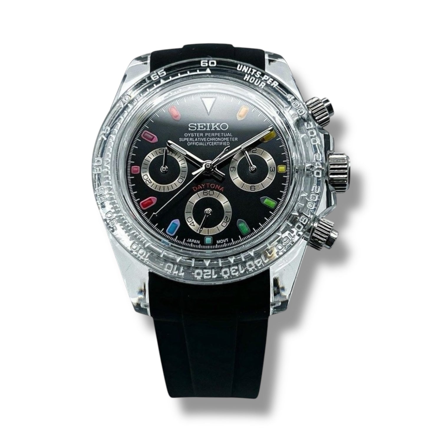 Montre Seiko SKLAB - T205R chronographe en acier inoxydable – Cadran noir avec index multicolores, lunette tachymétrique et bracelet en caoutchouc noir. Design audacieux et précision ultime