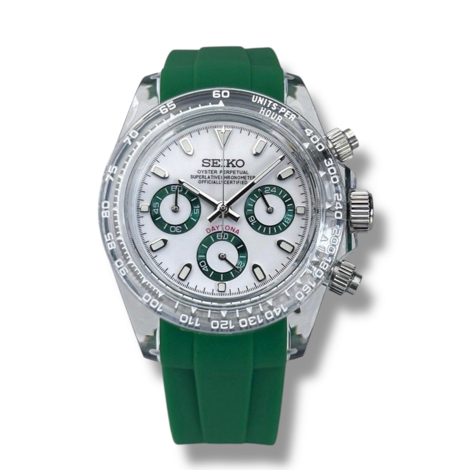Montre Seiko SKLAB - T206R chronographe en acier inoxydable – Cadran blanc avec compteurs verts, lunette tachymétrique et bracelet en caoutchouc vert. Élégance sportive et précision